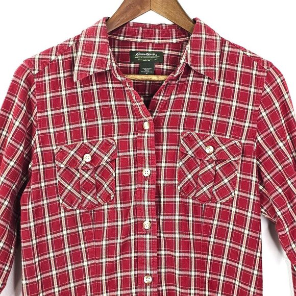 Eddie Bauer Wine Red Madras Plaid Roll Tab Button Front Long SLeeve Shirt - Picture 2 of 6